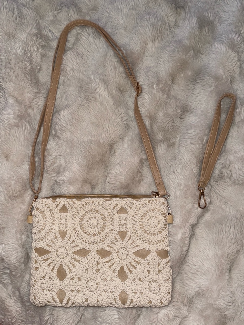 Cream Crochet Crossbody with Tan Strap and Wristlet